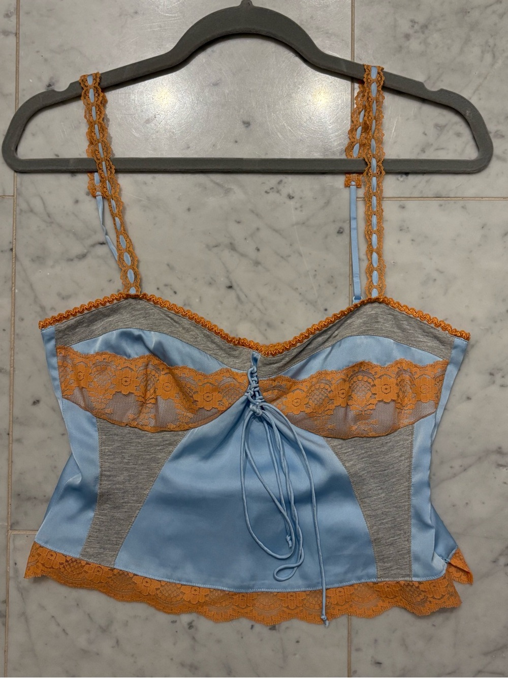 GUIZIO Blue Satin Orange Lace Corset Cami Top